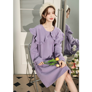 唐狮娃娃领早春紫色连衣裙女春装2024新款初春裙子小个子卫衣裙e4