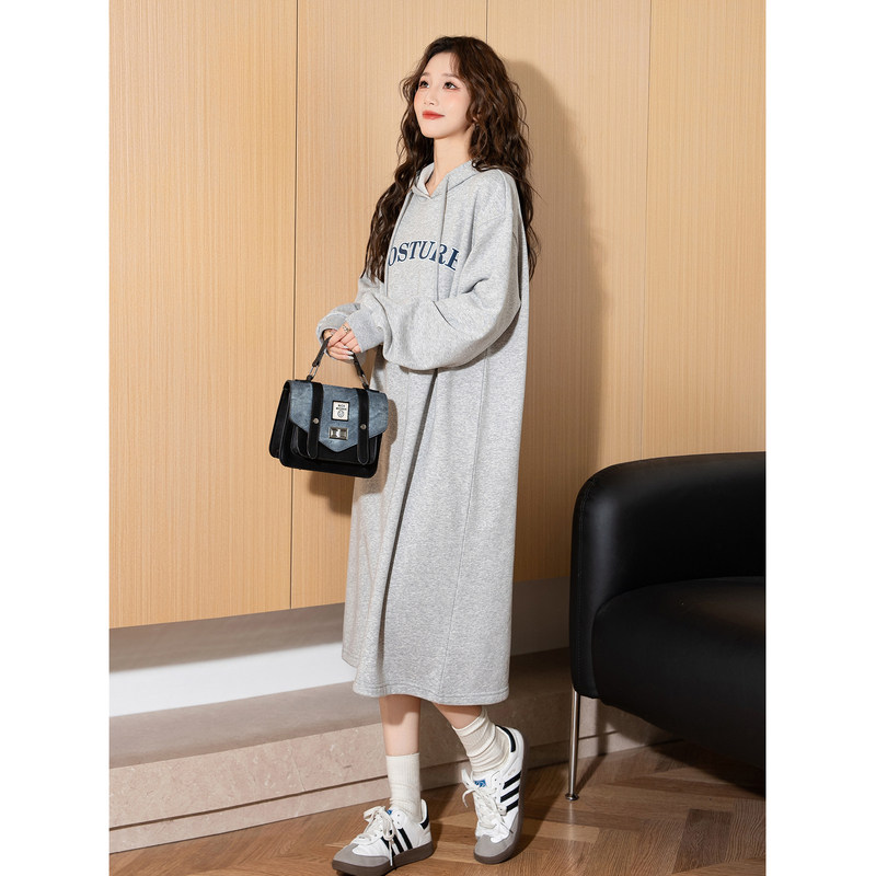 唐狮连帽加绒卫衣裙女长款连衣裙秋冬款宽松长袖针织裙休闲裙子y1