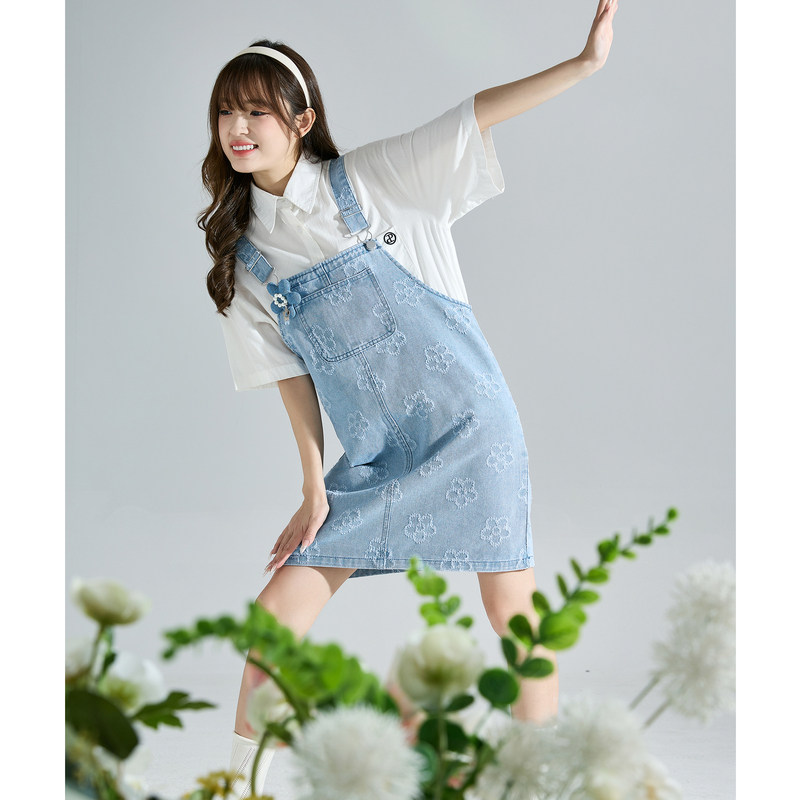 唐狮2026新款女夏季牛仔背带连衣裙女甜美提花背带裙小个子裙子夏