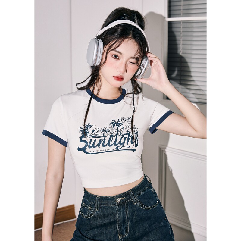 唐狮夏季撞色短袖T恤女2026新款紧身短款上衣女复古美式体恤sz