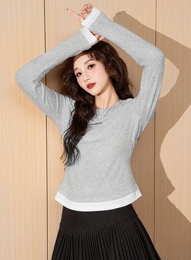 唐狮圆领下摆拼接长袖打底衫女2025新款春季灰色休闲内搭T恤wp