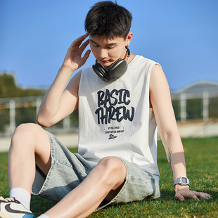 T恤印花圆领学生上衣白色潮t 男背心坎肩无袖 唐狮2024夏季 新款