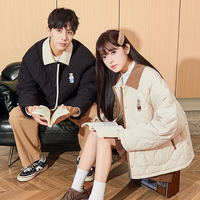 唐狮2024秋冬翻领刺绣印花薄款短款情侣棉服