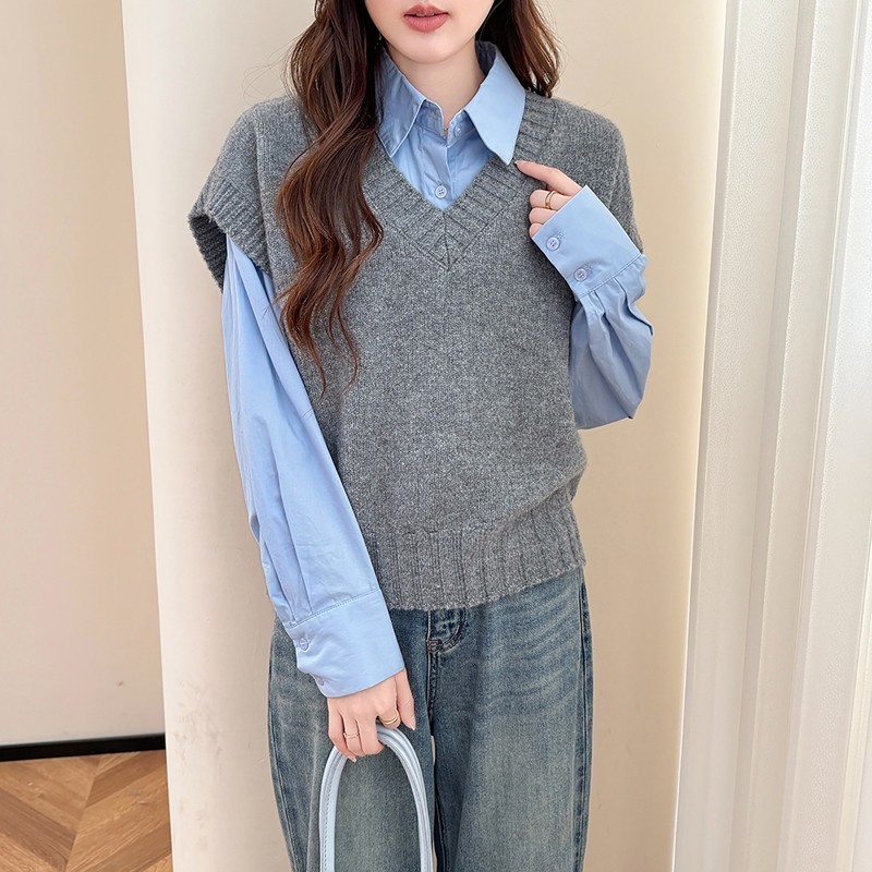 唐狮2025年秋冬新款V领针织衫女毛衣背心灰色马甲毛线坎肩上衣yd