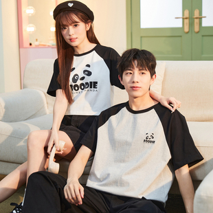 唐狮2026夏季情侣装短袖t恤男插肩袖撞色拼接短款女T恤上衣宽松潮