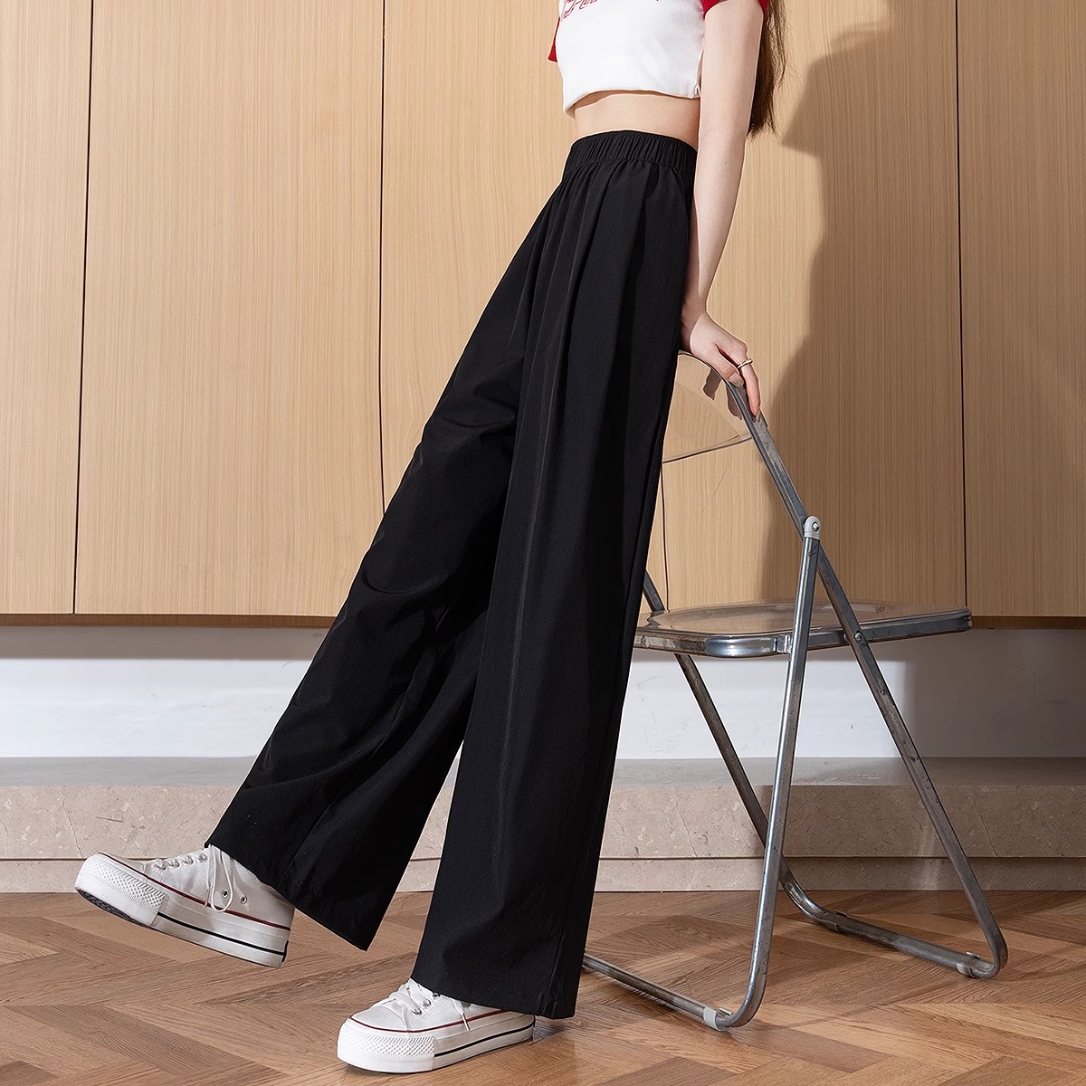 唐狮黑色高腰休闲裤女2025夏季新款宽松显瘦百搭薄款垂坠感阔腿裤