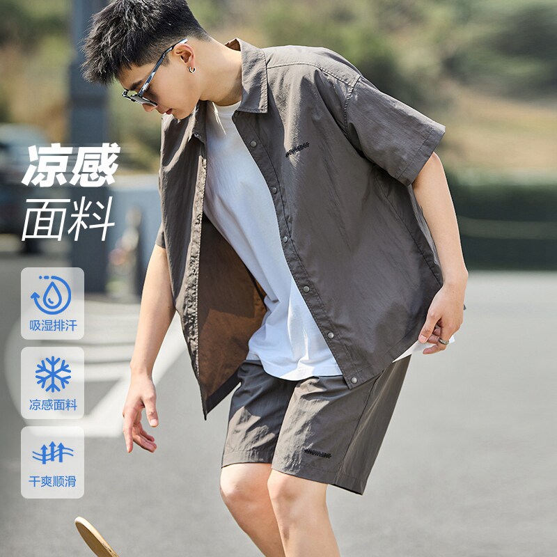 唐狮套装男凉感透气2026夏季新款短袖衬衫套装男休闲运动衬衫外套