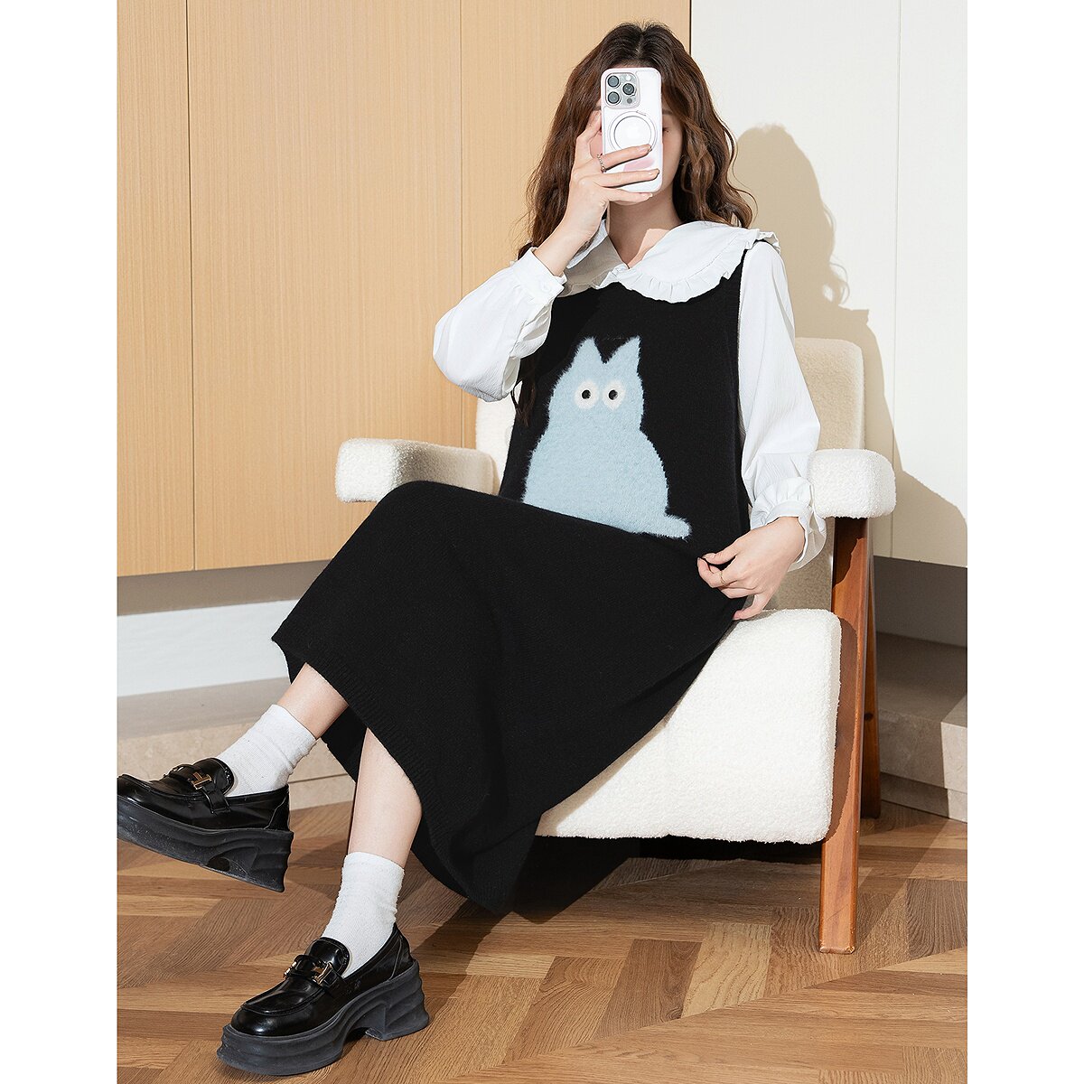 唐狮黑色背心连衣裙女秋装2025新款针织毛衣裙背心裙中长款裙子X2