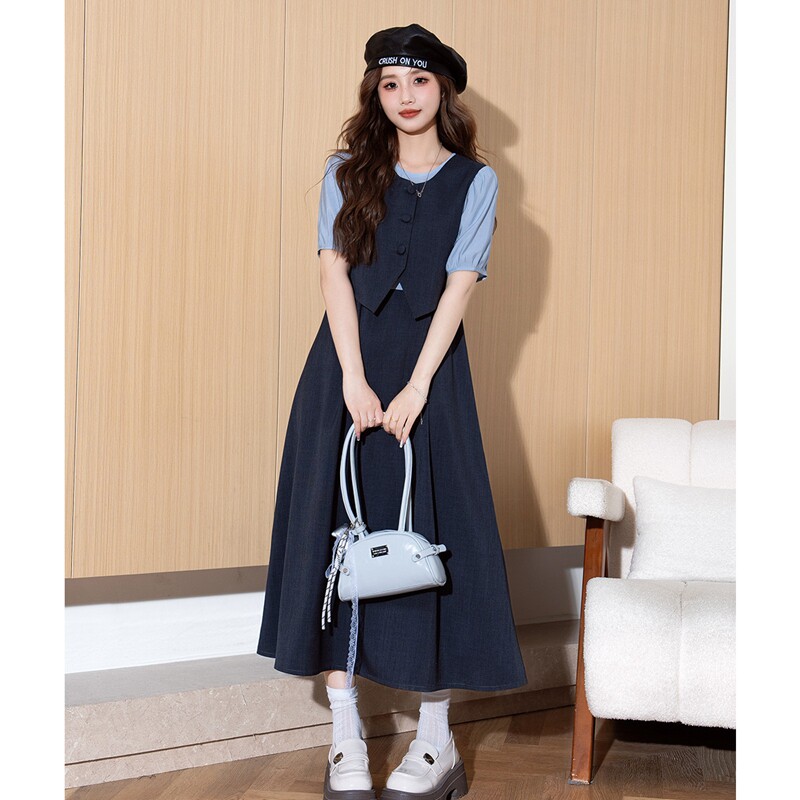 唐狮2026夏季新款女连衣裙圆领长款泡泡袖假两件短袖休闲时尚潮流