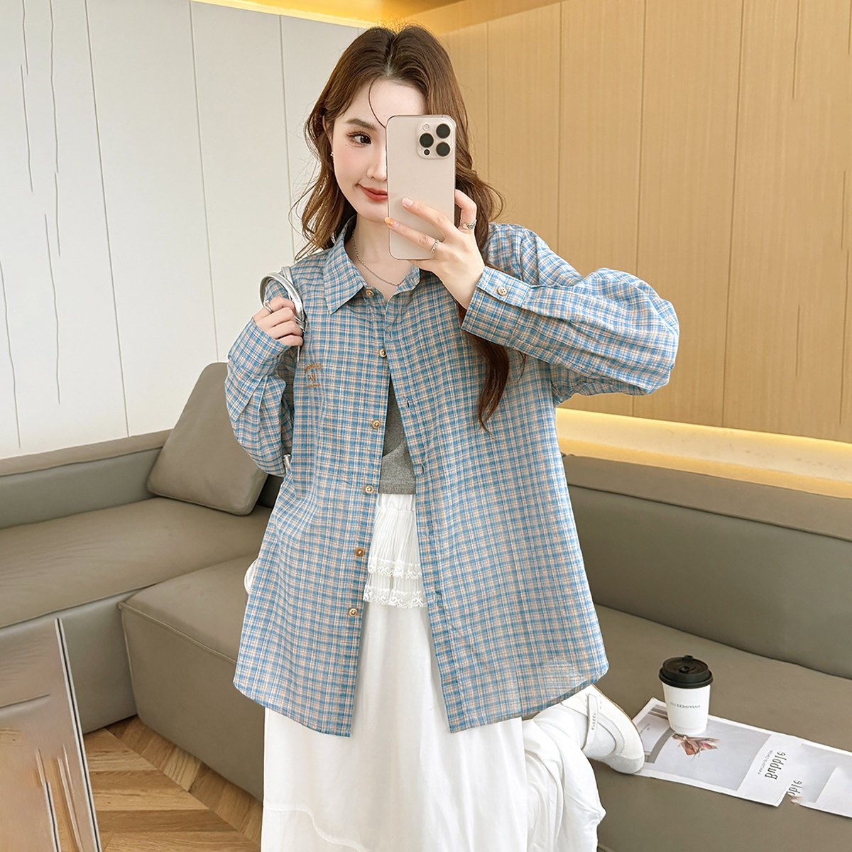 唐狮2026新款长袖格子衬衫女蓝色格纹翻领复古百搭休闲上衣bl