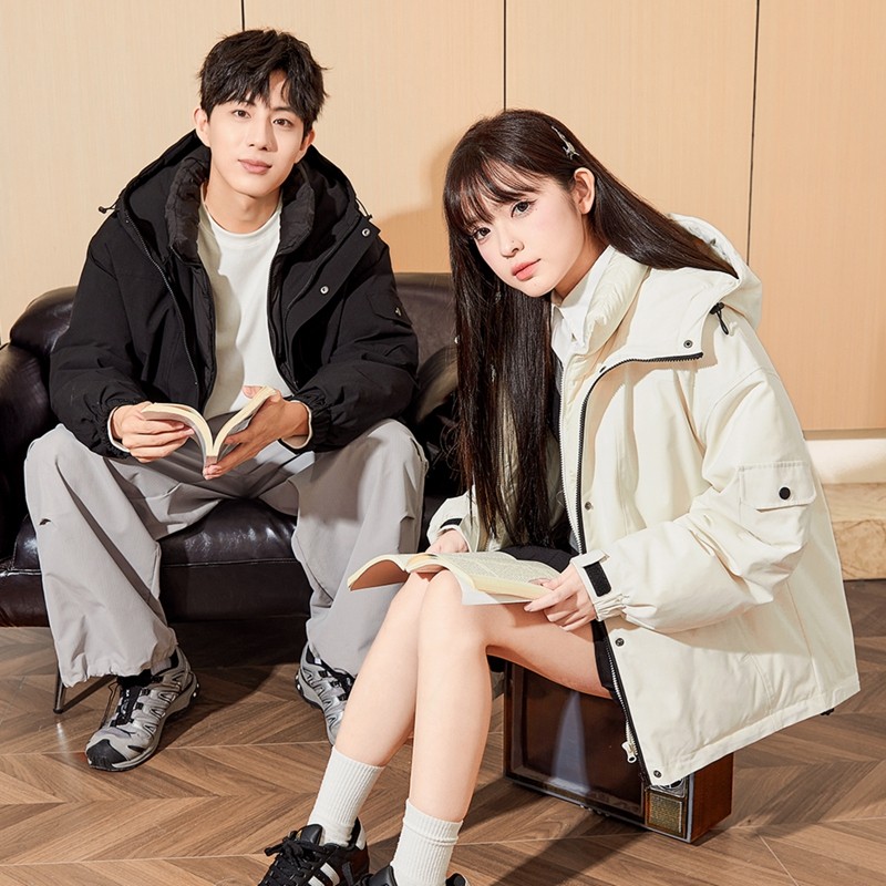 唐狮2024冬季情侣羽绒服男女连帽短款假两件工装冲锋少年外套