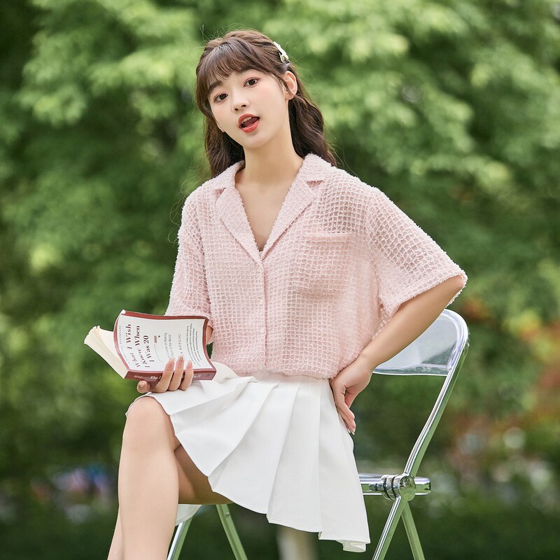 唐狮2026夏季新款短袖衬衫女粉色格子镂空薄衬衣宽松百搭今年流行