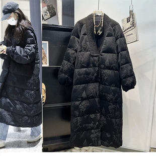 倪妮同款黑色盘扣提花新中式羽绒服女中长款2025冬季加厚保暖外套