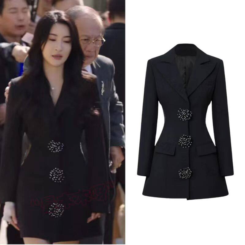 黑色月光林夏薇卓慧云同款甜美收腰显瘦气质黑色西装外套连衣裙女