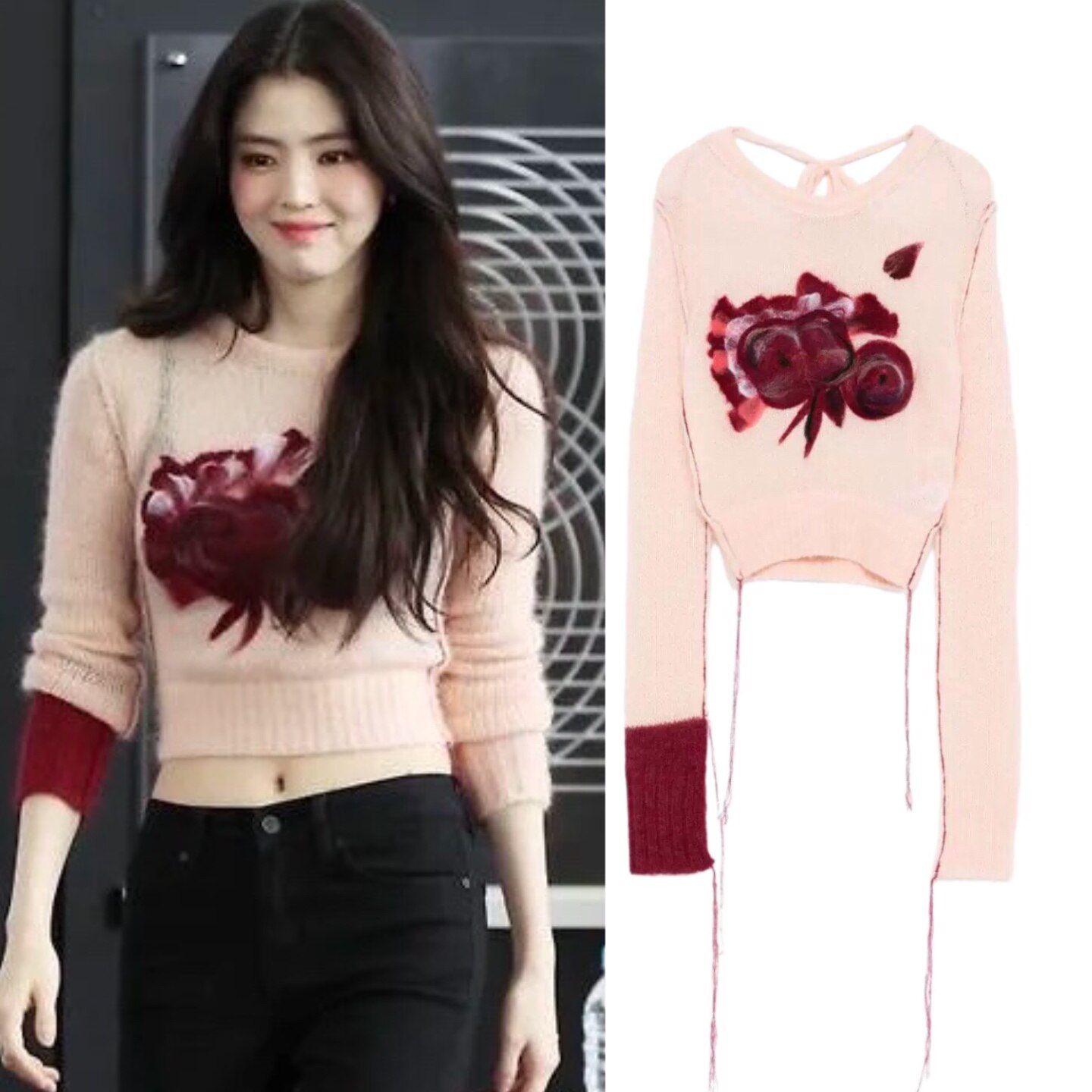 韩素希同款粉色花朵毛衣女2025新款春秋宽松慵懒风针织衫上衣外套