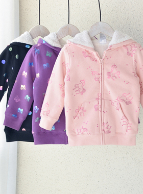 澳单~2-9女童宝宝加绒连帽外套中小童秋冬保暖上衣拉链时尚开衫