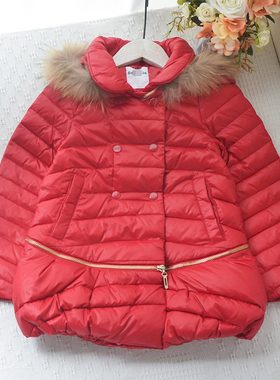 巴家~110-165女童中大童短款长款两用羽绒服黑色红色时尚个性保暖