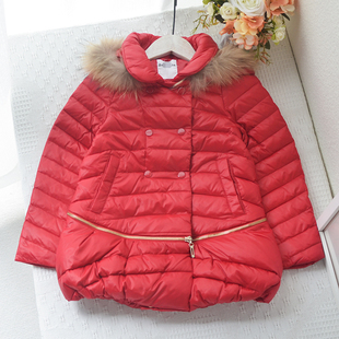 巴家~110-165女童中大童短款长款两用羽绒服黑色红色时尚个性保暖