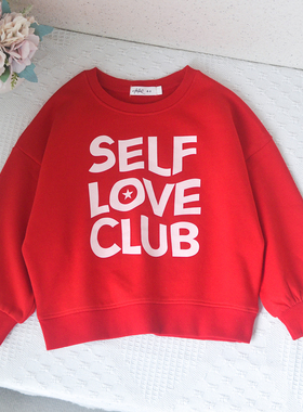 欧单~4-12女童宝宝薄绒卫衣中大童秋冬抓绒套头上衣字母款红色