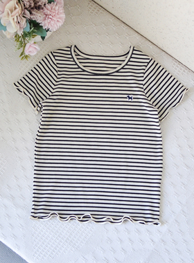 韩国小狗~120-150女童纯棉条纹修身短袖T恤中大童夏季柔软体恤衫