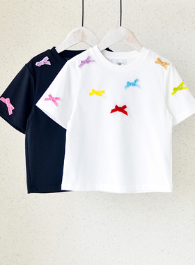 BA家~100-160女童宝宝夏季短袖T恤中大童轻薄上衣立体蝴蝶结白色