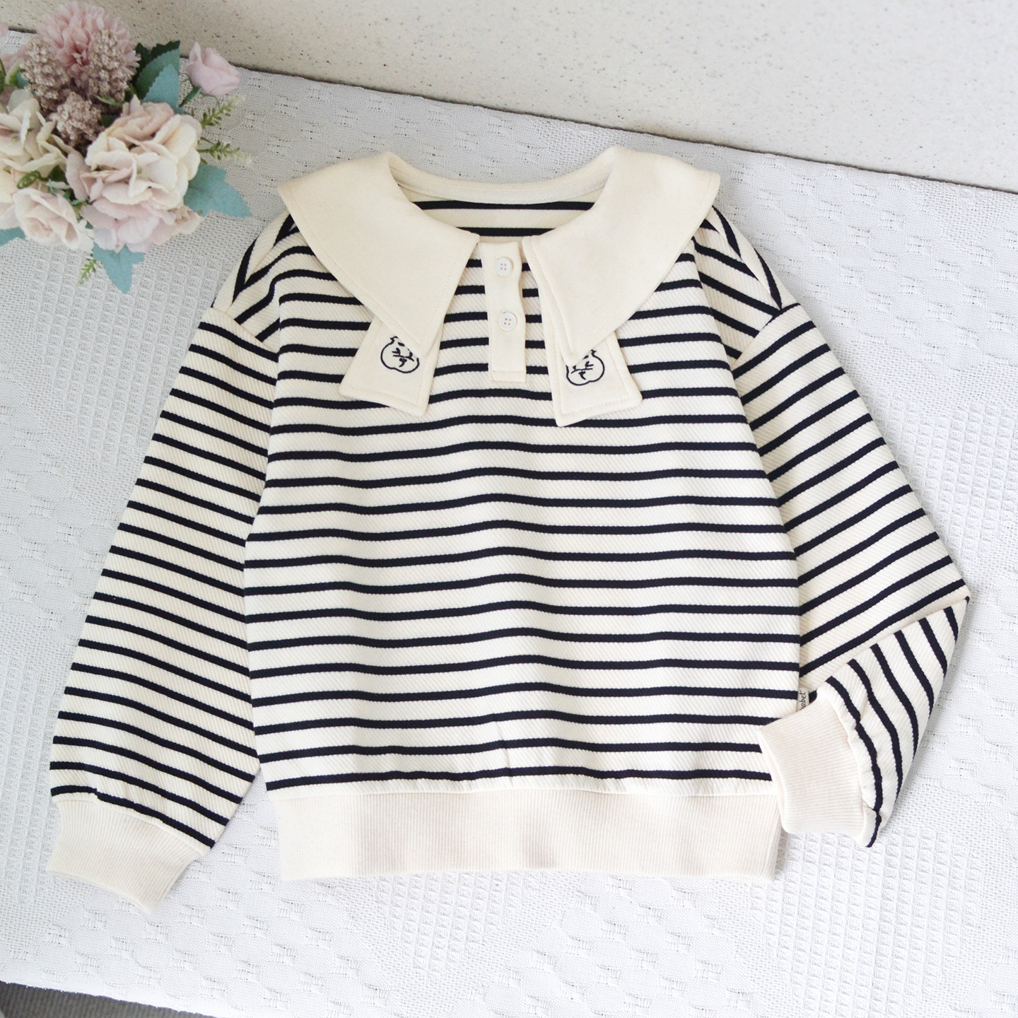A家110-140女童宽松翻领条纹卫衣
