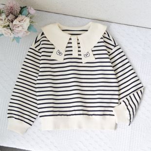 A家纯元 140女童宝宝翻领条纹卫衣中小童春秋宽松套头上衣 110