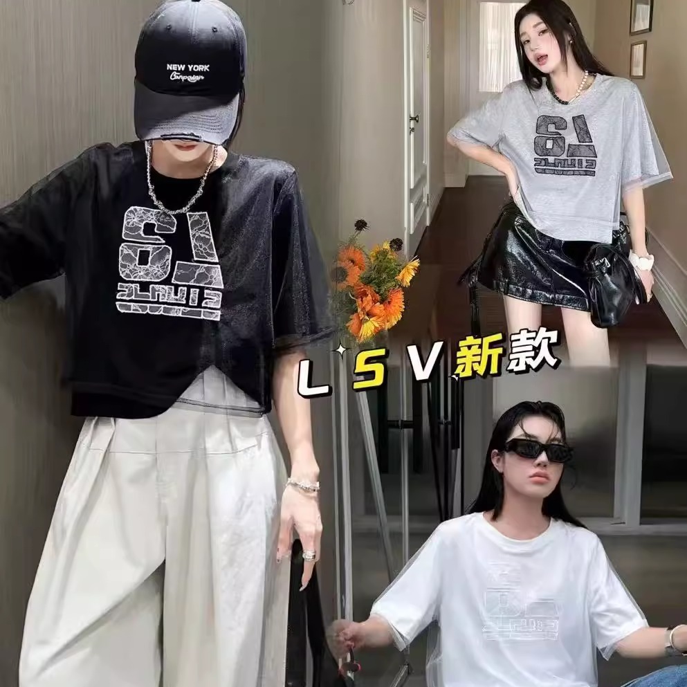 2025夏新款欧洲站时尚休闲百搭圆领拼接蕾丝网纱短袖T恤女上衣 潮