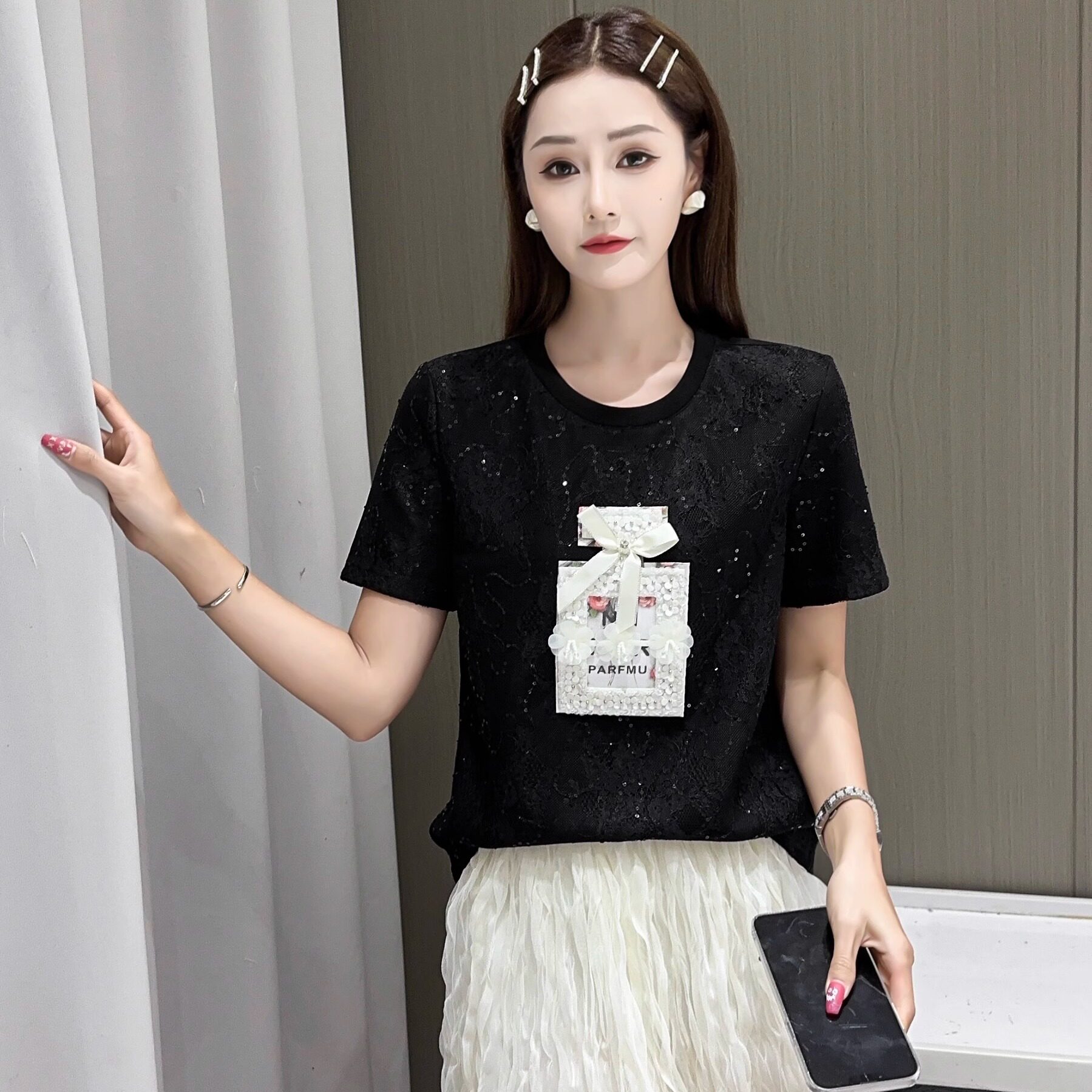 2025夏新款韩版蕾丝蝴蝶结香水瓶独特设计短袖T恤女时尚显瘦上衣