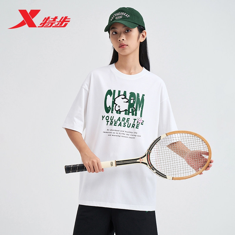 特步女款短袖2025夏季宽松半袖休闲百搭T恤印花上衣976228010630