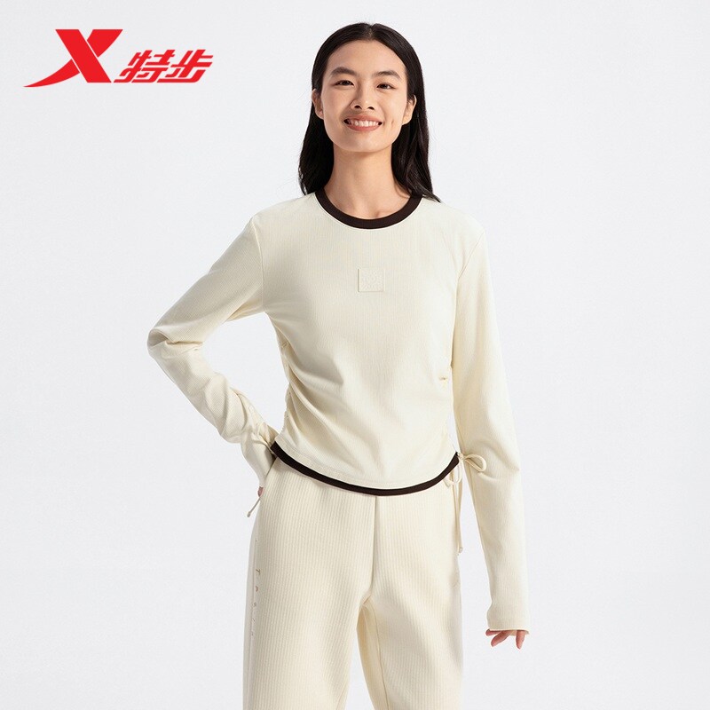 特步长袖T恤女款官方秋季新款内搭休闲百搭圆领卫衣975128030225