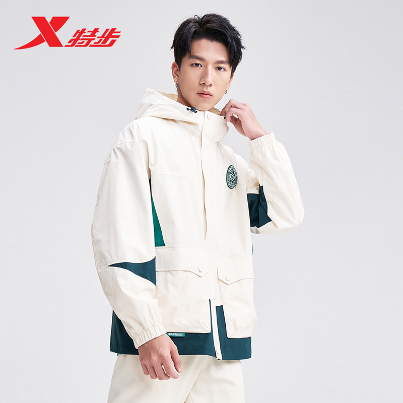 特步男士双层风衣2025秋季新款防风外套连帽防风夹克976329150444