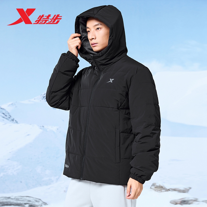 特步有暖气羽绒服男款2025冬季新款黑色防风鸭绒保暖外套连帽上衣