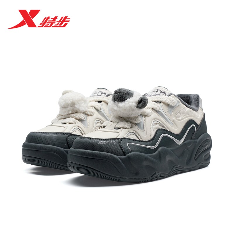 特步萌仔鞋冬季新款加绒革面保暖女鞋棉鞋女士休闲鞋厚底运动鞋子