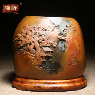 徽州歙砚大师作品《千里江陵》精雕老坑金晕原石砚台手工雕刻高档大气办公室摆件收藏书画送礼砚台四大名砚