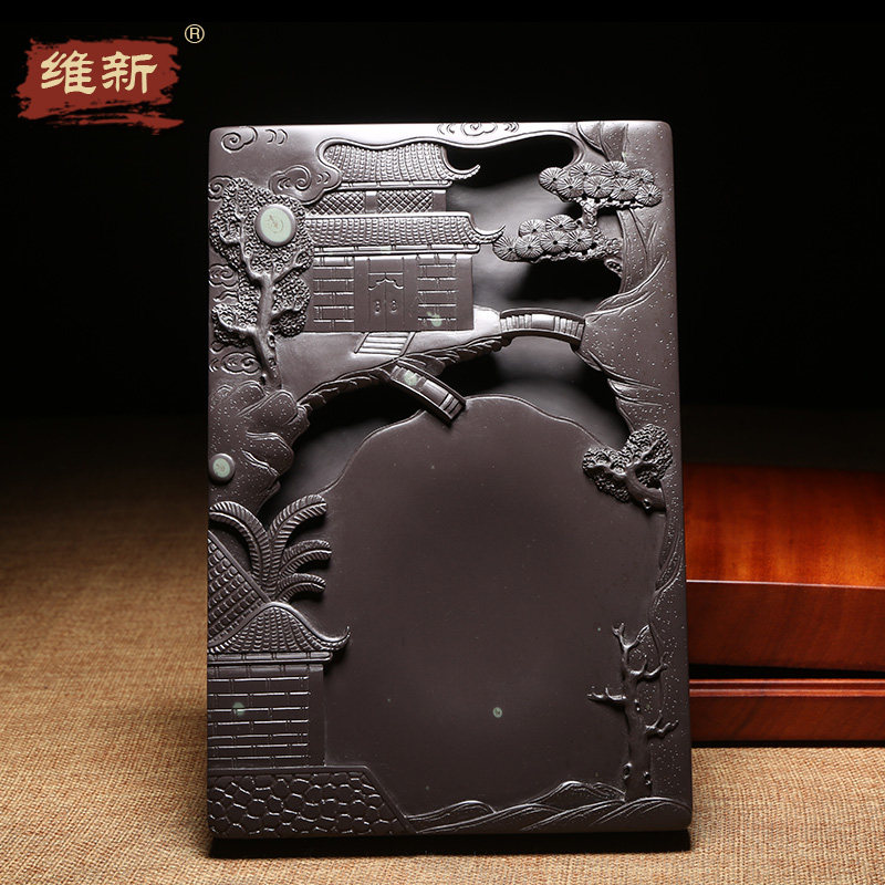 维新歙砚名师柯崇匠心作品匠心非遗技艺苴却砚原石天然籽料仿古题材文房四宝高档砚台收藏送礼佳品湖山胜景