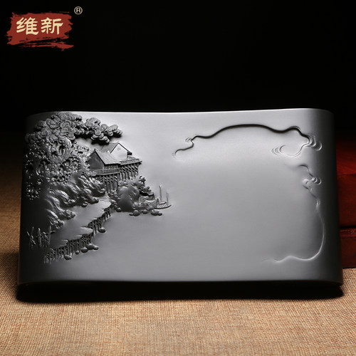 匠心非遗 歙砚名师许亚祥作品《徽州人家》文房四宝山水手工制砚龙尾山老坑黑龙尾原石籽料高档收藏送礼佳品