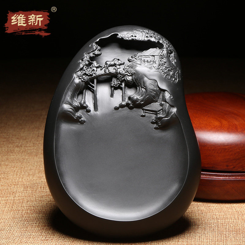 匠心非遗歙砚名师创意浮雕作品《耕》自然山水意境原石手工老坑黑龙尾籽料高档砚台书法绘画摆件收藏送礼木盒