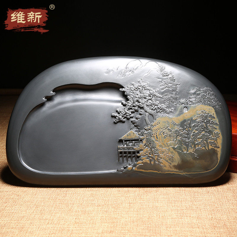 匠心非物质文化遗产歙砚名师许亚祥作品自然造化收藏送礼佳品文房大气摆件手工雕刻孤品老坑金晕四大名砚之一_虎窝淘