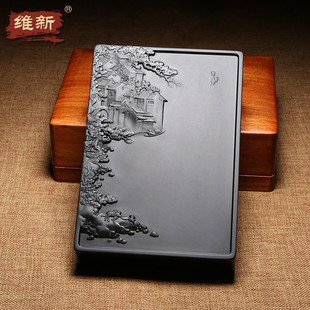 歙砚名师许亚祥创意浮雕自然山水意境原石手工老坑黑龙尾籽料书画文房四宝摆件收藏送礼佳品徽州特色意境砚台