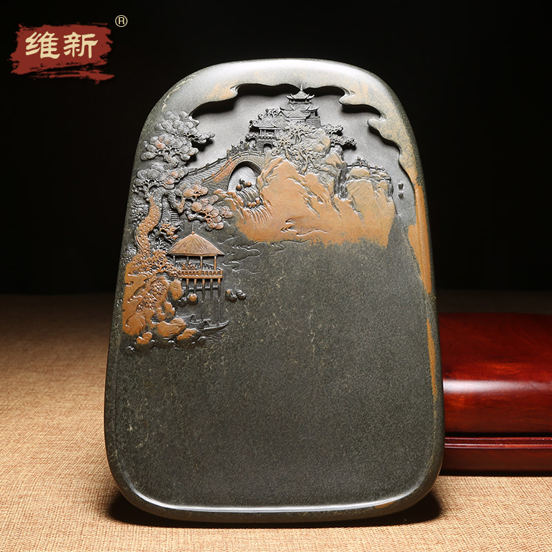 匠心非遗歙砚大师代表作自然造化俏色巧雕手工收藏送礼佳品文房办公室大气高档次摆件老坑金晕籽料溪山胜境
