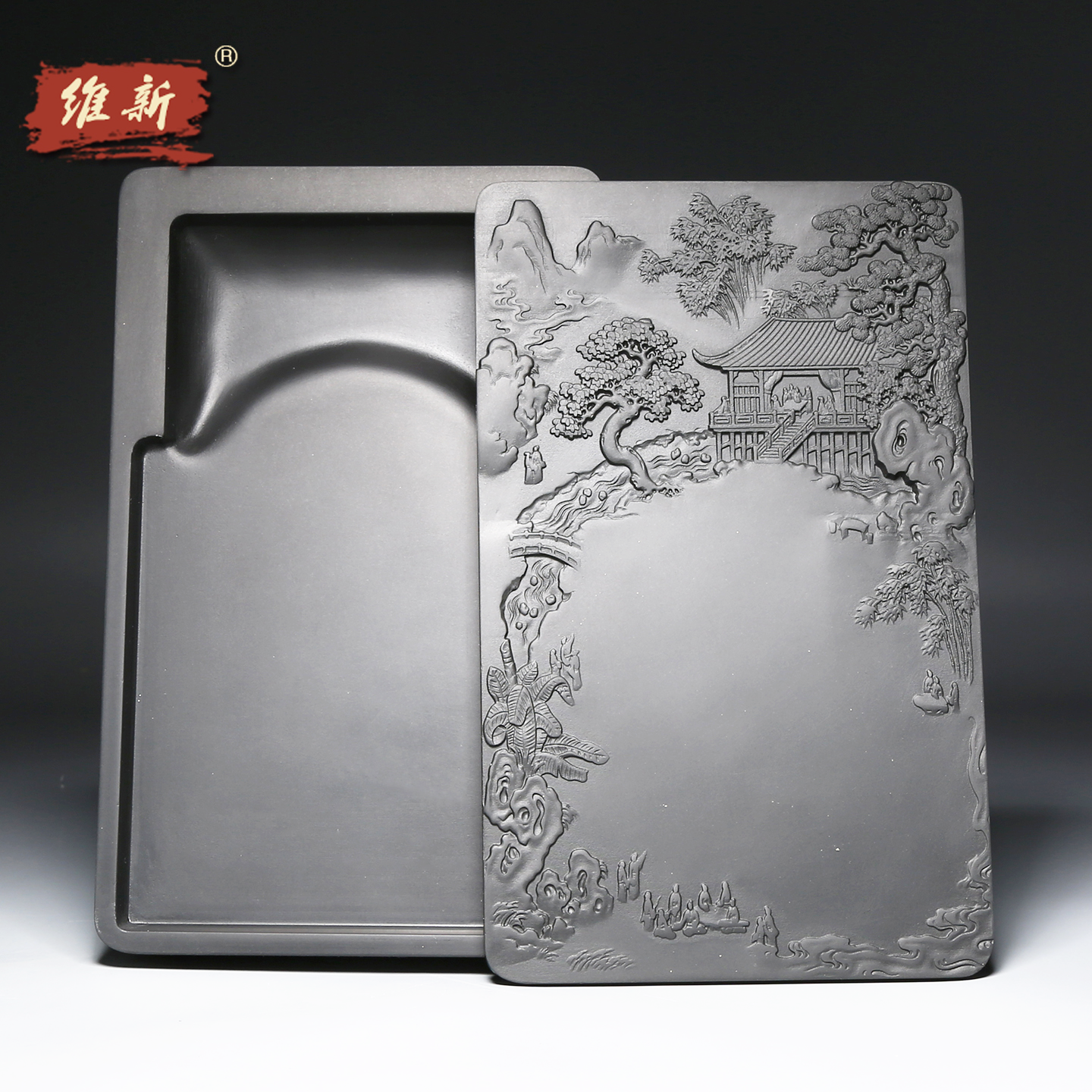 维新非遗大师砚台作品兰亭雅集带盖砚台安徽砚台高档文房礼品原石歙砚手工雕刻收藏送礼老坑砚台实用