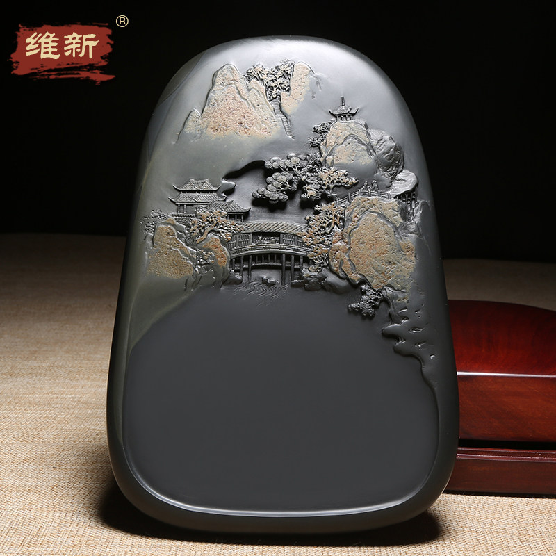 徽州歙砚大师作品《秋山幽居》精雕细琢老坑金晕原石手工雕刻高档办公室摆件收藏书画送礼砚台四大名砚樟木盒