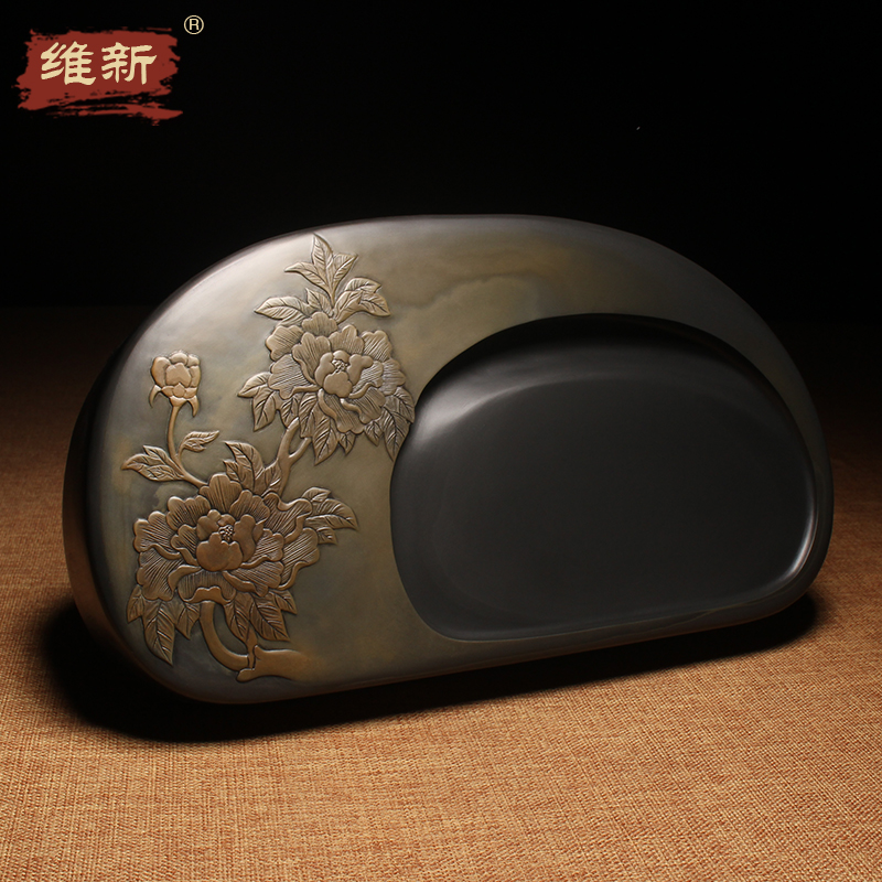 维新 高级工艺美术师许亚祥作品《富贵图》砚台 采用歙砚金晕籽料原石雕刻牡丹 收藏文房立体摆件送礼佳品