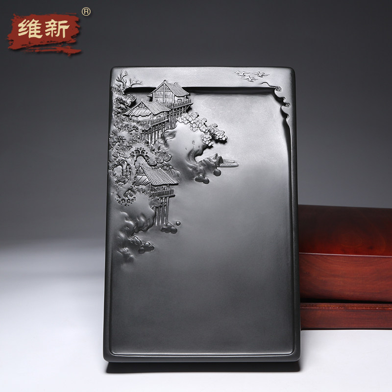 匠心非遗传人名师许亚祥《溪山胜境》作品精品天然老坑黑龙尾手工歙砚歙县砚台长方山水兼端砚收藏送礼佳品
