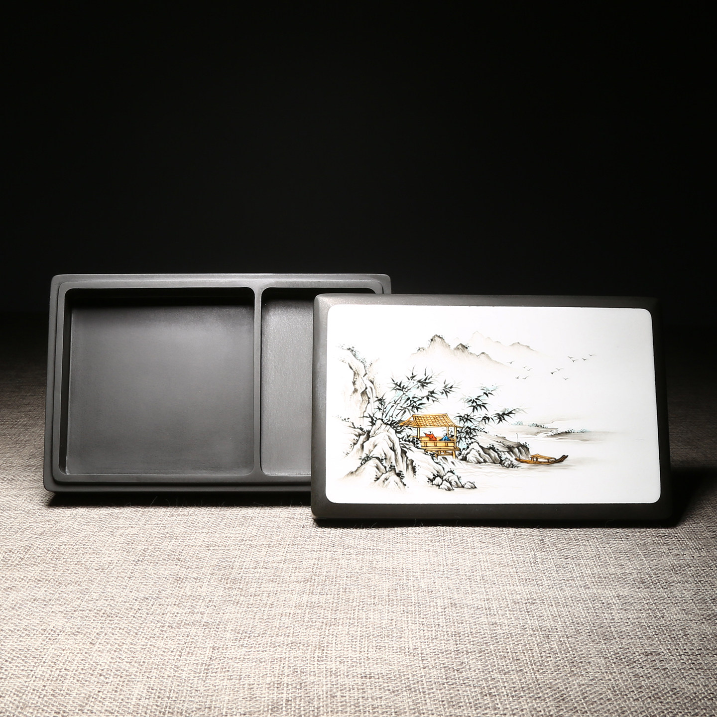 维新 非遗名师创意《江南水乡》砚台新中式老坑砚台镶嵌手绘景德镇瓷片原石歙砚实用砚台带盖文房高档摆件