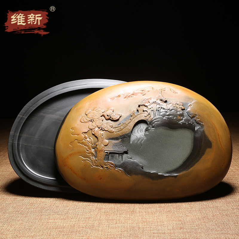精品歙砚大师亲制作品/江南水乡/天然老坑原石俏色带盖手工文房高档大气摆件礼品砚台非遗传承收藏文房四宝