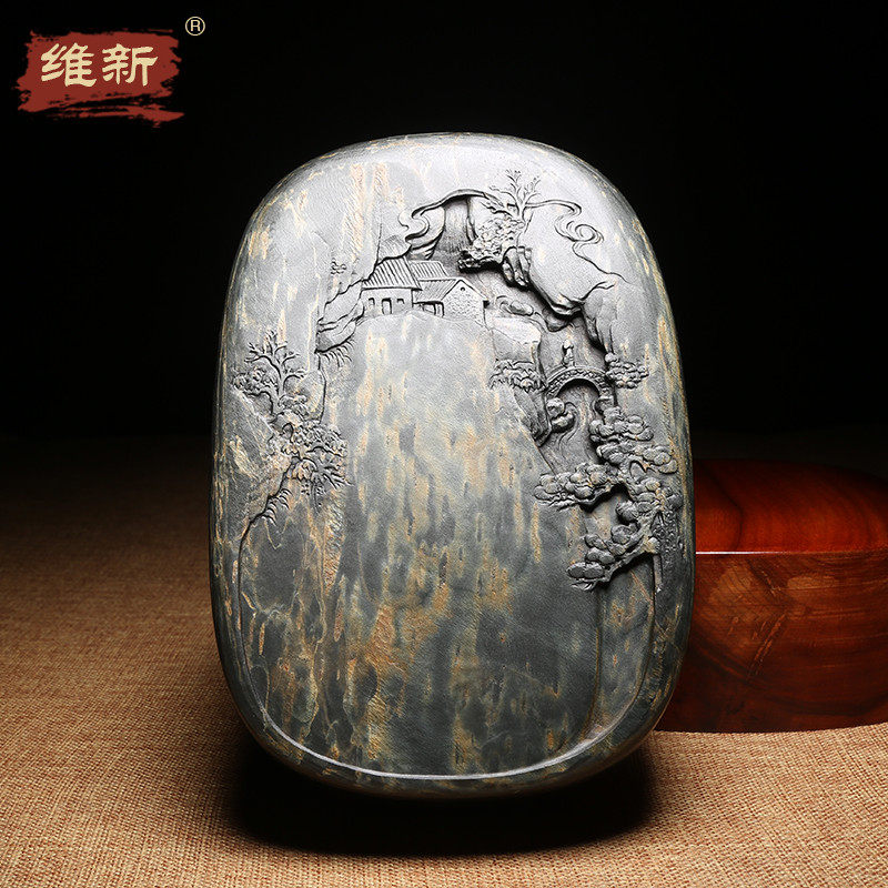 匠心非遗徽州歙砚/高山流水/名师许亚祥作品原石手工雕刻老坑金晕籽料龙尾砚高档砚台研墨文房四宝实用收藏