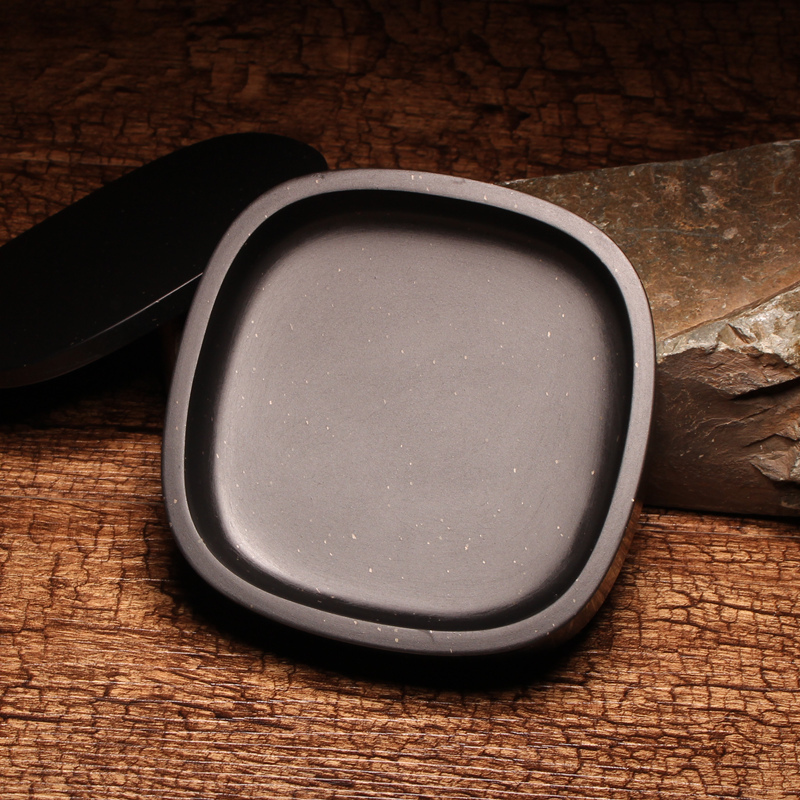 4英寸带盖砚台原石金星歙砚天然素砚文房四宝书法墨海盒初学者端砚研墨墨池磨墨储墨文房雅器实用正方砚台