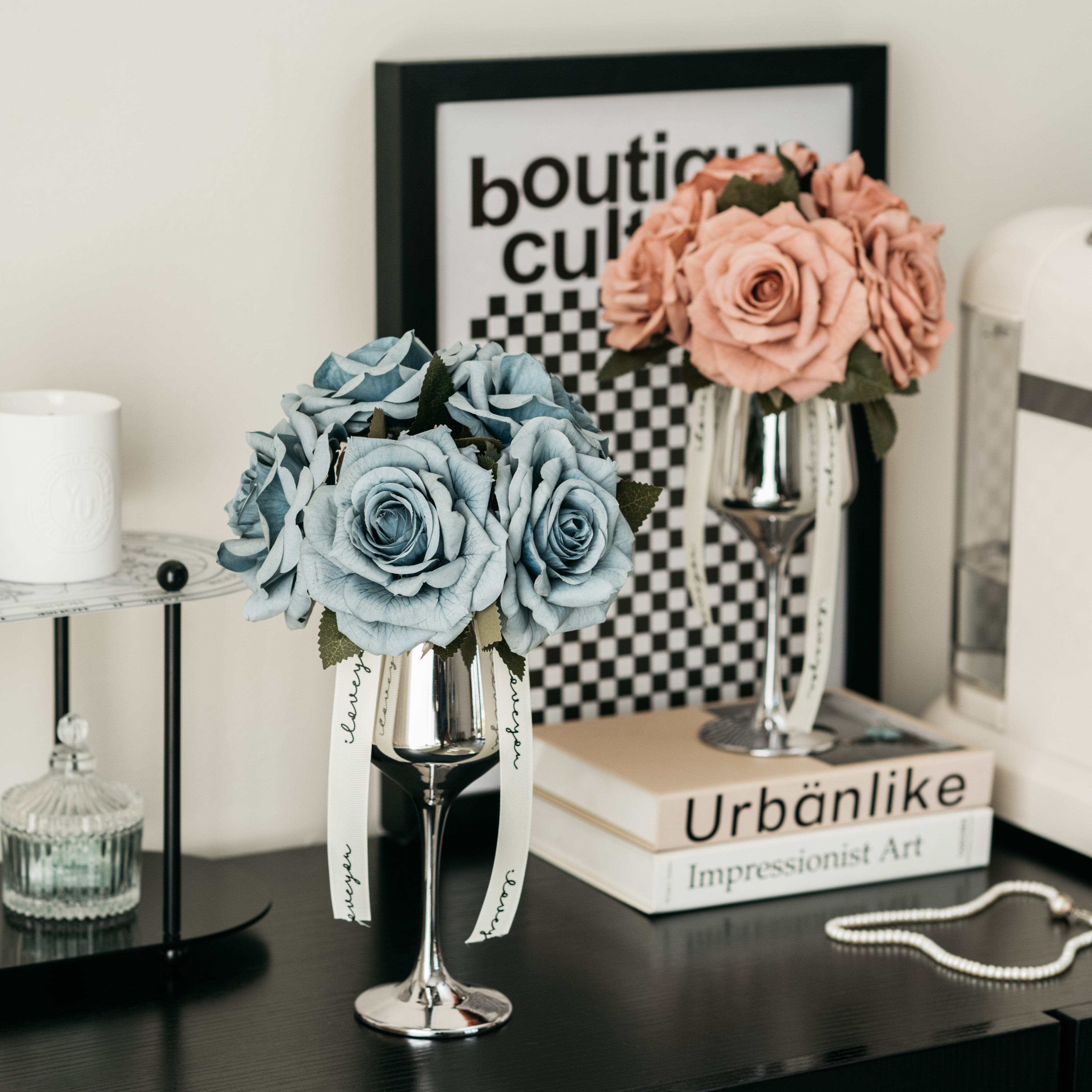 网红卡布奇诺玫瑰仿真花轻奢高脚杯插花装饰摆件花假花仿真花摆设